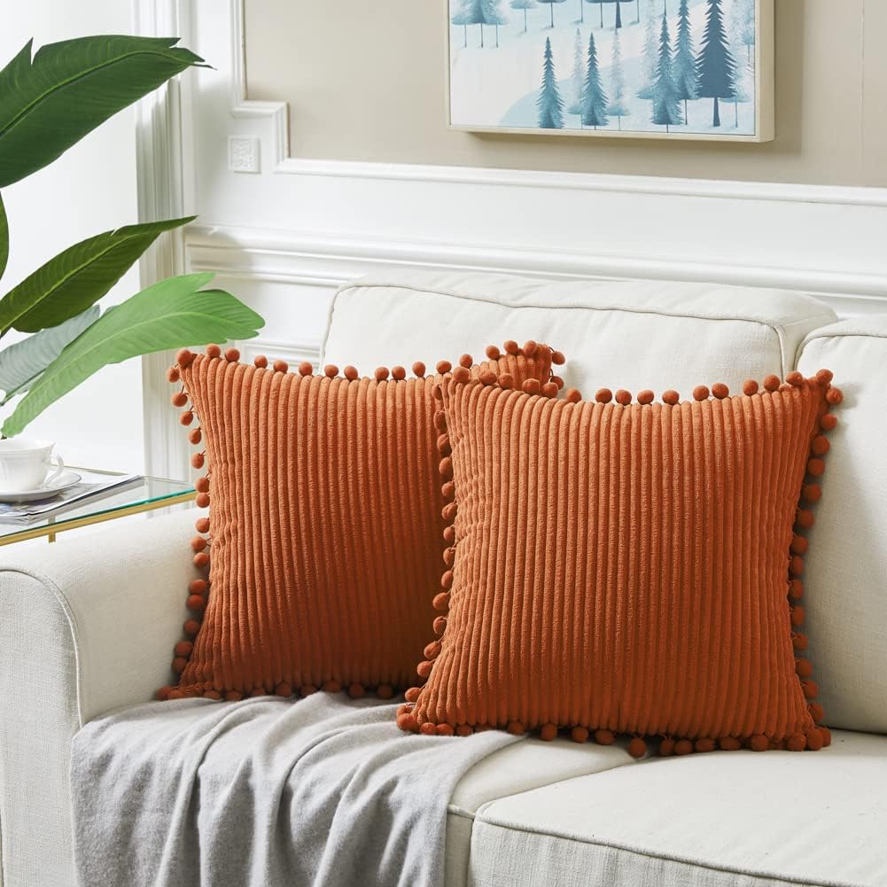 Fancy Homi Pack of 2 Rust Fall Decorative Throw Pillow Covers 20x20 Inch with Pom-poms for Living Room Couch Bedroom, Soft Corduroy Terracotta Solid Square Cushion Case 50x50 cm, Boho Home Decor