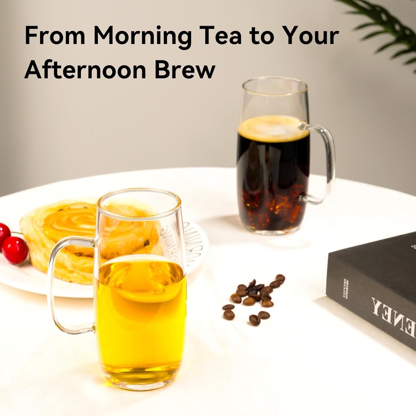 Glass Tea Cups Set of 2-13.5 Oz Clear Borosilicate Teacups with Handle Tea Glasses for Hot/Cold Dishwasher & Microwave Safe Large Coffee Mugs for Cappuccino Latte Juice Espresso Milk