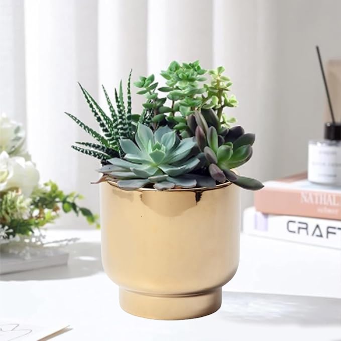 LB Gold Ceramic Planters for Indoor Plants, Succulent Plant Pots Ceramic Flower Pots, Modern Plant Pot for Living Room Office Home Decor, Round Flower Pot of 4.3 Inch(Plant Not Included)