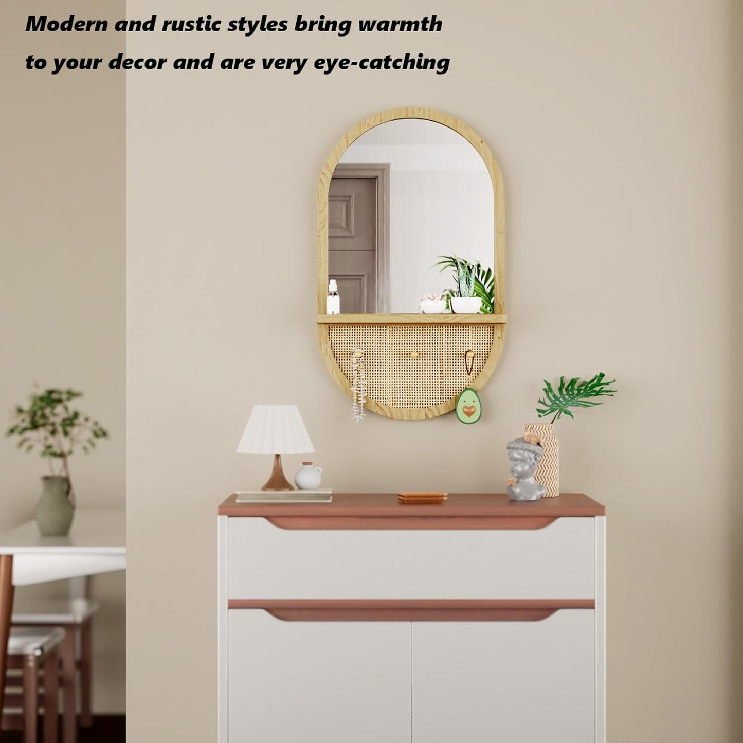 Entryway Mirror with Hooks, 30x18 Inch Boho Wall Mirror with Removable Shelf, Oval Solid Wood Framed, Handmade Rattan Wall Mirror for Over Sink, Bathroom, Bedroom, Living Room, Hallway, Vanity