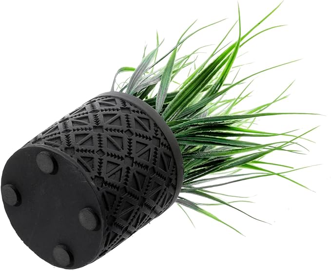 MyGift Artificial Green Grass Plant in Modern Black Concrete Pot with Geometric Embossed Pattern, Tabletop Faux Greenery Decorative Round Cement Planter Home Decor