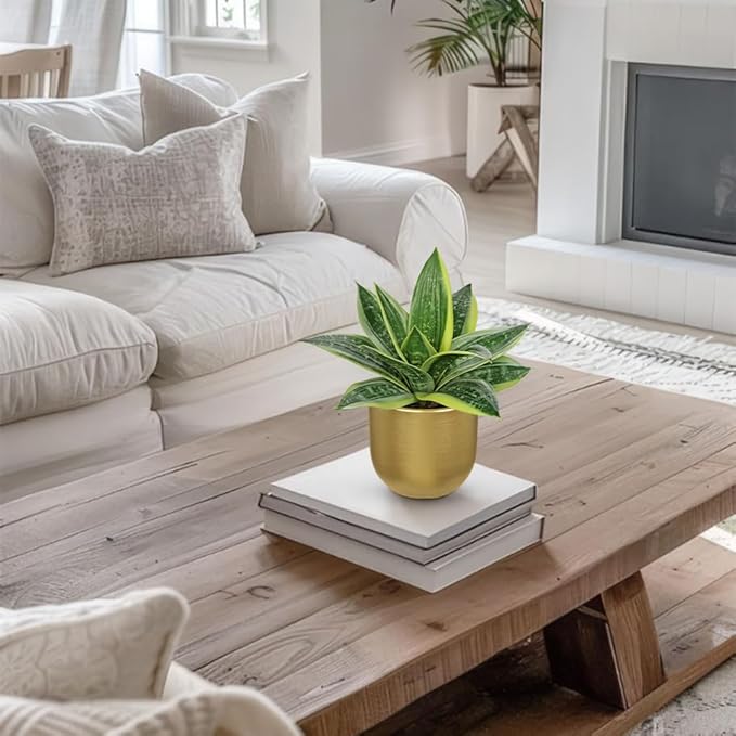 Hollyone Artificial Snake Plants 9" Faux Agave Succulent Plant Potted in Gold Pot Fake Sansevieria Aloe Tropical Plant for Desk Modern Office Home Bathroom Indoor Outdoor Decor