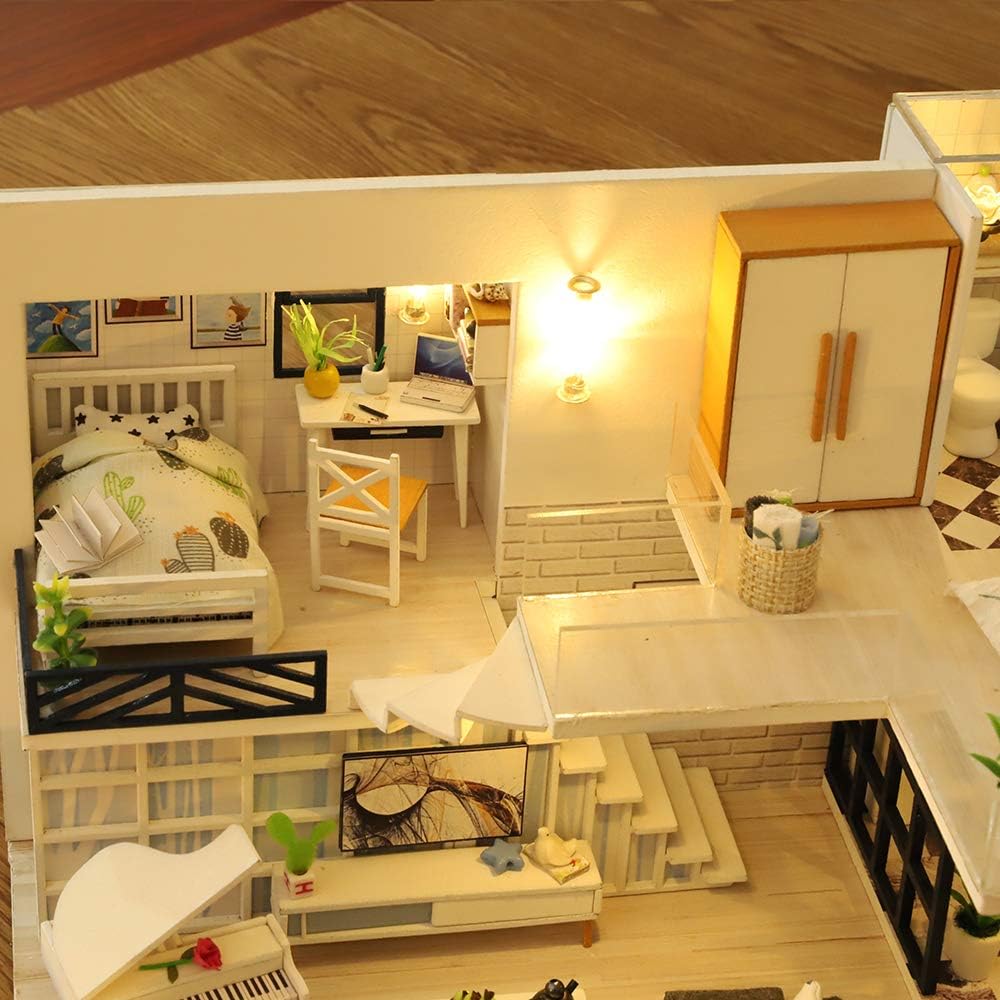 GuDoQi DIY Miniature Dollhouse Kit with Furniture, Tiny House kit 1:24 Scale, Need to Assemble Around 30 Hours, Great Handmade Crafts Gift for Birthday, Christmas, Life House(No Dust Cover)
