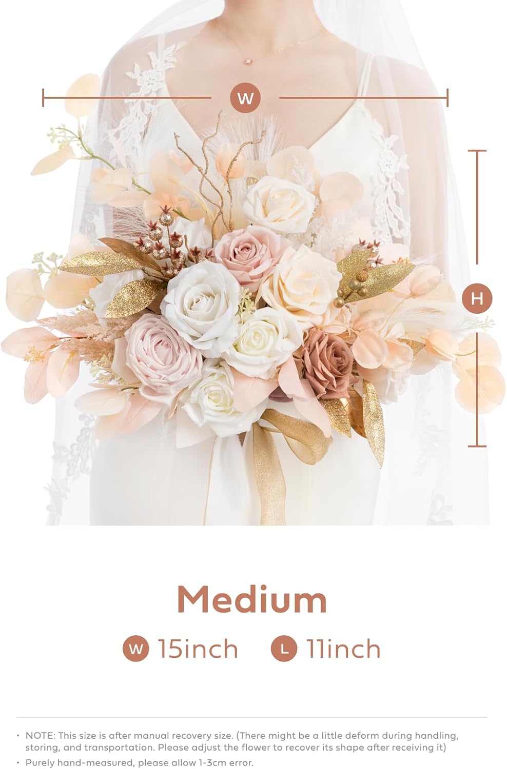 Ling's Moment Boho Wedding Bouquets for Bride, White Beige and Gold Bridal Bouquets for Bride, 15 Inch Free Form Artificial Wedding Flower Bouquet