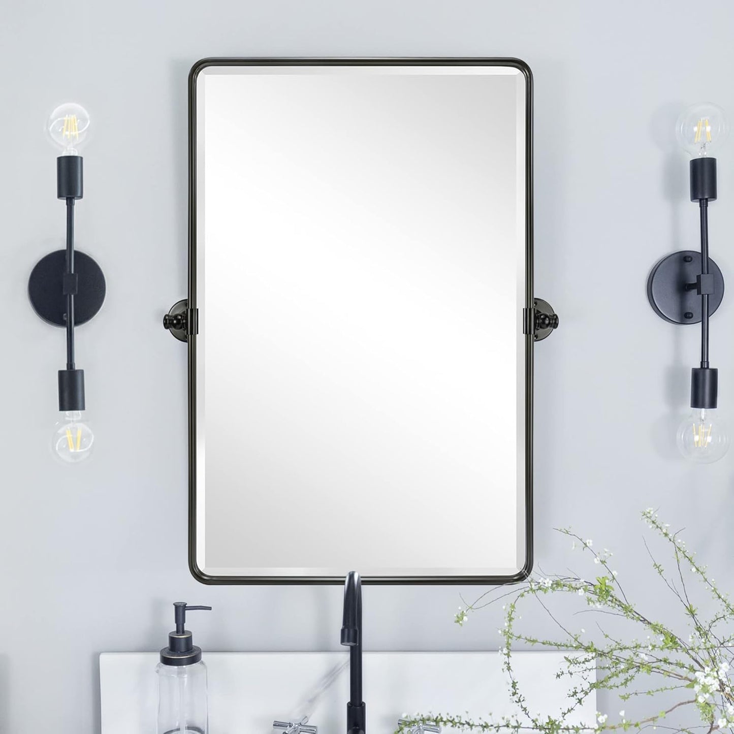 Farmhouse Pivot Rectangle Bathroom Mirror Oil Rubbed Bronze Metal Framed Tilting Beveled Vanity Mirrors for Wall, Overall 23.91 x 30 inches (Mirrror 20 x 30 inches)
