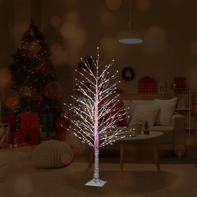 5FT Lighted Birch Tree with Twinkle Lights, Twinkling or Steady Function for Selected, Christmas Tree Multicolor Lights, Birch Tree with LED Lights for Indoor Outdoor Christmas Decorations