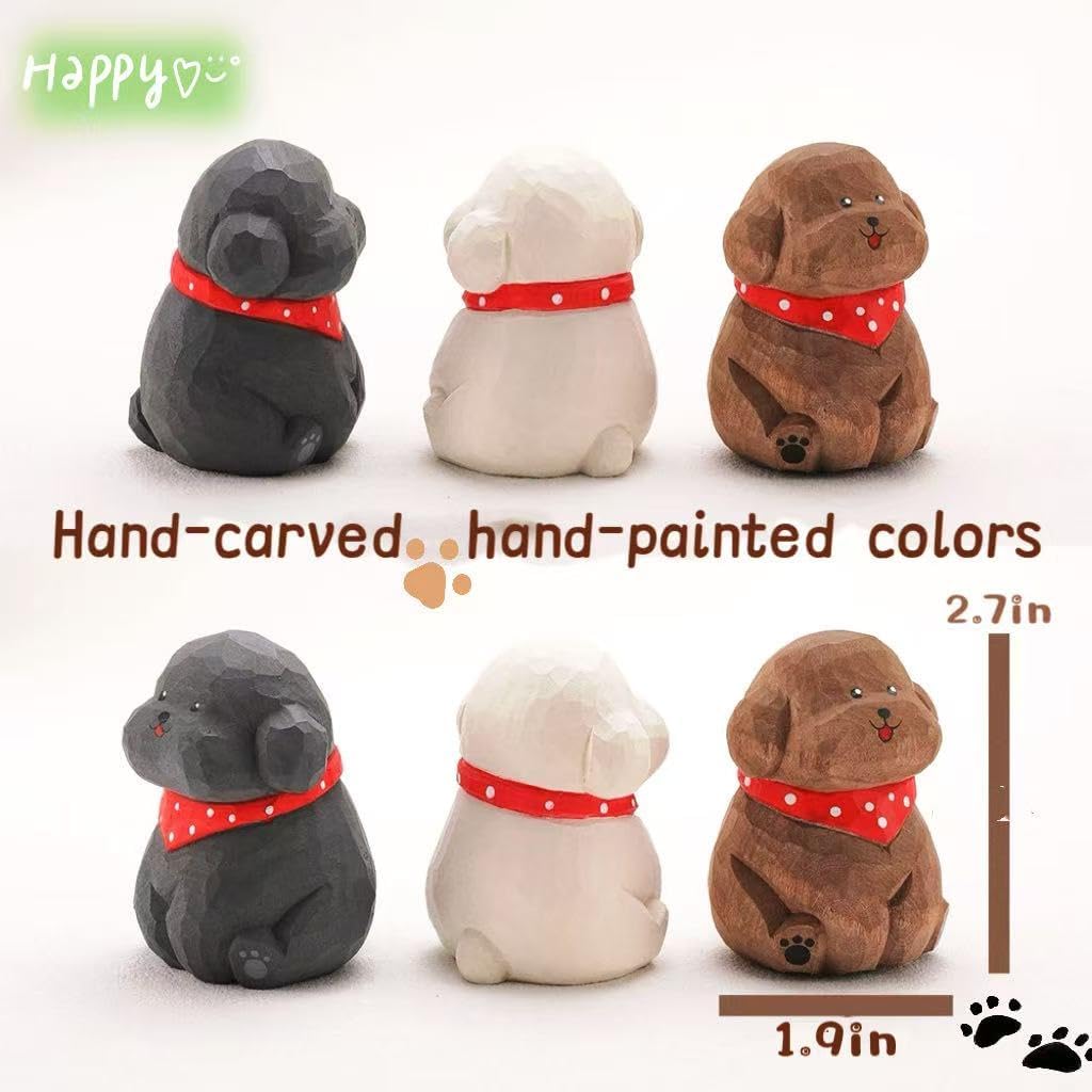 Cute Wood Teddy Dog Figurine, 2.7' Handmade Carved Gray Teddy Statue with Base, Unique Pet Dog Figure Collectibles Home Decor