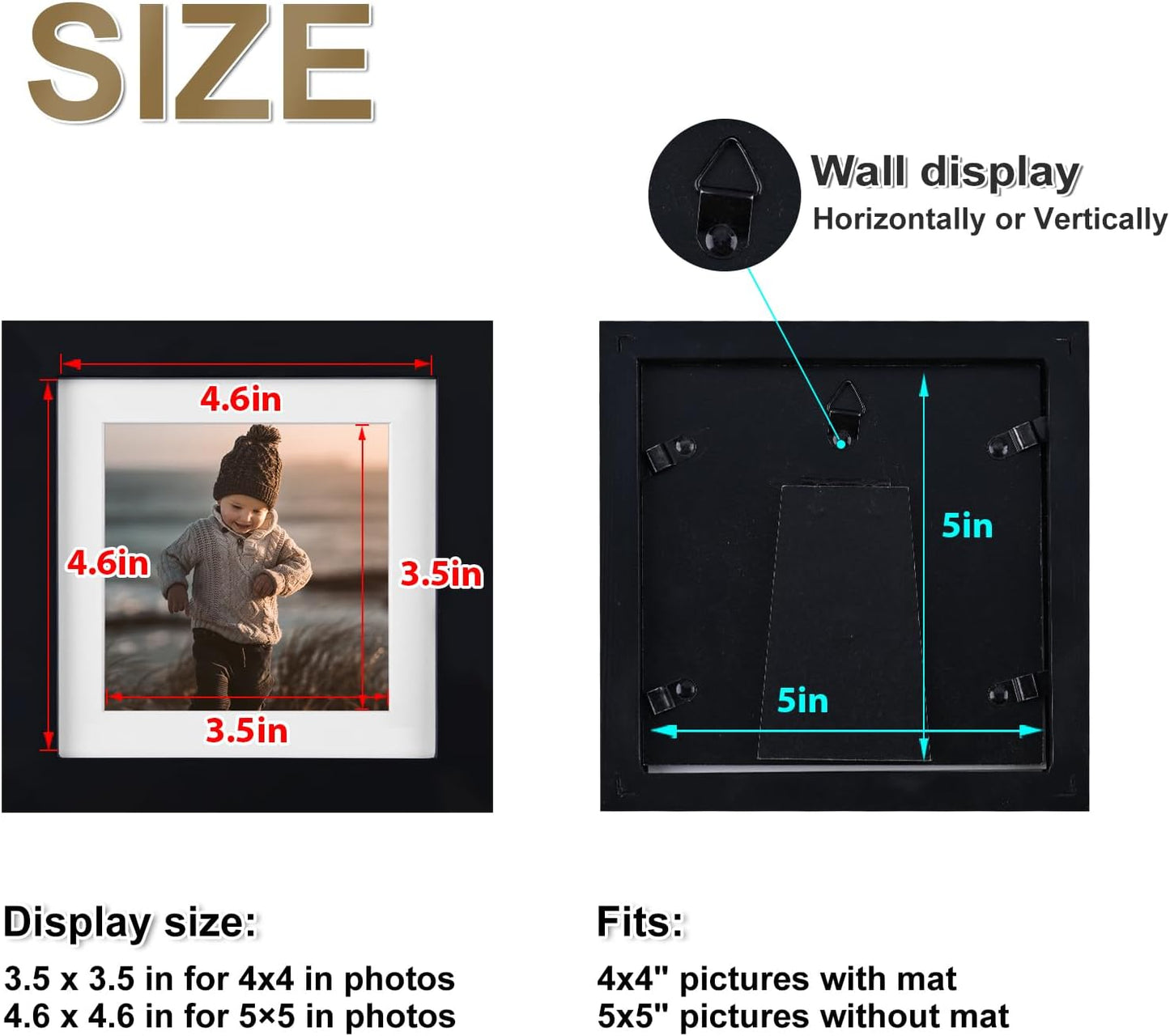 KINLINK 5x5 Picture Frame, Black Square Solid Wood Frames for Pictures 4x4 with Mat or 5x5 without Mat, Wall and Tabletop Display Photo Frames Black 4 Pack