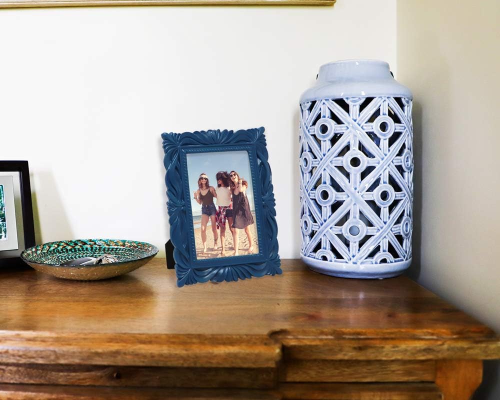 Isaac Jacobs 4x6 Navy Wave Textured Hand-Crafted Resin Picture Frame with Easel & Hook for Tabletop & Wall Display, Decorative Swirl Design Home Décor, Photo Gallery, Art, More (4x6, Navy)