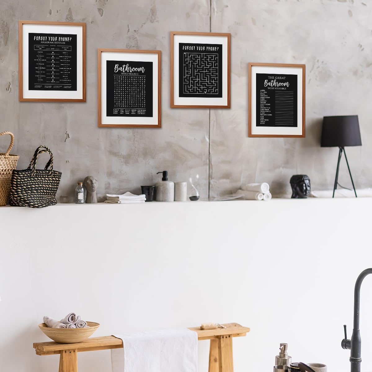 ETVISO Funny Bathroom Black Decor Wall Art Set of 4, Funny Crossword Puzzle Wall Art, Funny Forget Your Phone, Bathroom Word Search Wall Decor, 8x10 (Unframed)