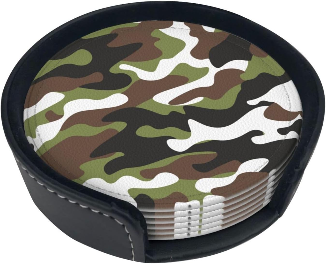 Drink Coasters with Holder Stand Set of 6, Camouflage Pu Leather Absorbent Coasters with Cork Base Table Round Coaster for Housewarming Apartment Kitchen Bar Decor