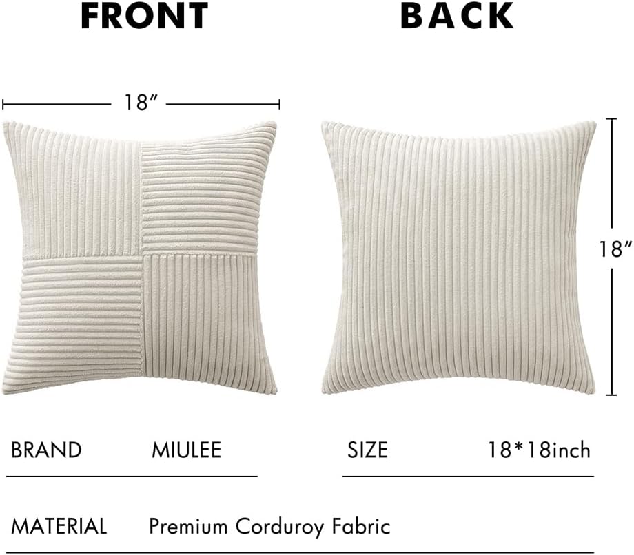 MIULEE Beige Corduroy Pillow Covers Pack of 2 Boho Decorative Spliced Throw Pillow Covers Soft Solid Couch Pillowcases Cross Patchwork Textured Cushion Covers for Living Room Bed Sofa 18x18 inch