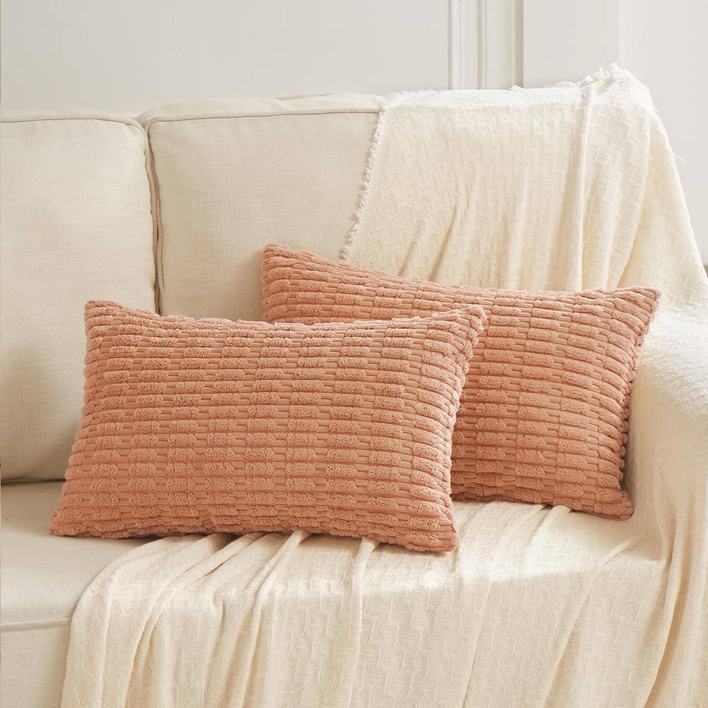 Fancy Homi 4 Packs Peach Decorative Throw Pillow Covers 16x24 Inch for Living Room Couch Bed, Rustic Modern Farmhouse Boho Home Decor, Soft Plush Corduroy Cute Square Accent Cushion Case 40x60 cm