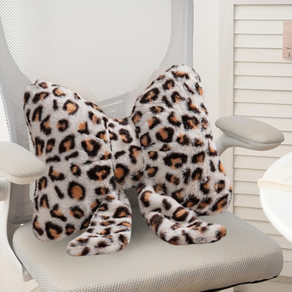 Leopard Print Throw Pillow Furry Bow Plush Pillows Cute Flower Plush Pillow Cheetah Home Decor Stuffed Bow Lumbar Pillow for Bed Couch Living Room Decor (White-B, 16in)