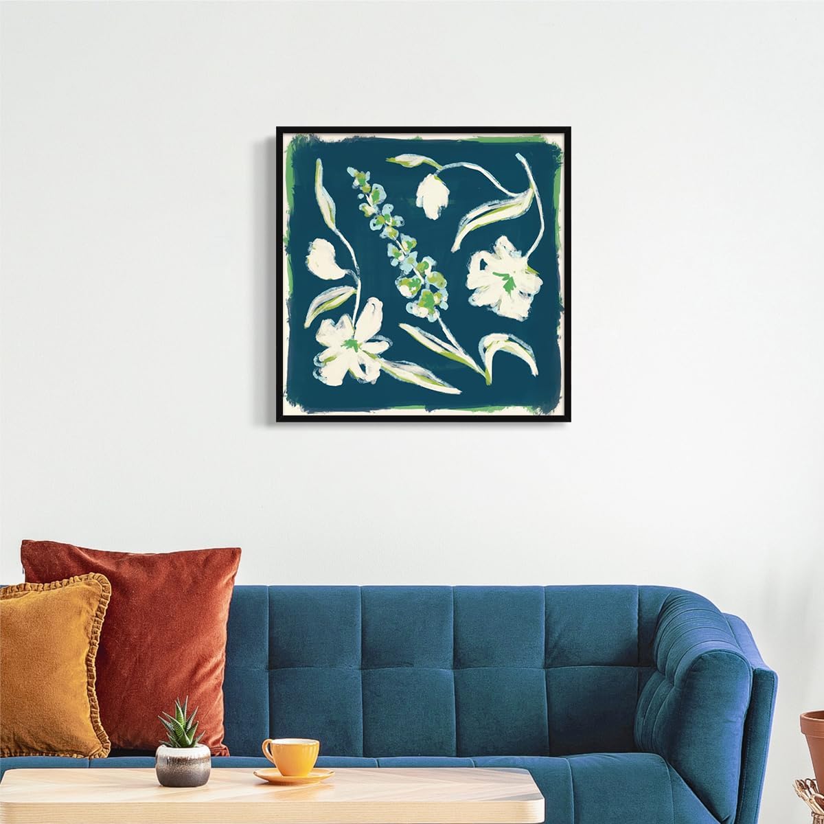 Flower Canvas Wall Art, Blue and Green Floral Aesthetic Poster, Chinoiserie Watercolor Botanical Print, Coastal Grandma Modern Southern Grandmillennial Plant Painting for Wall 12x12in Unframed