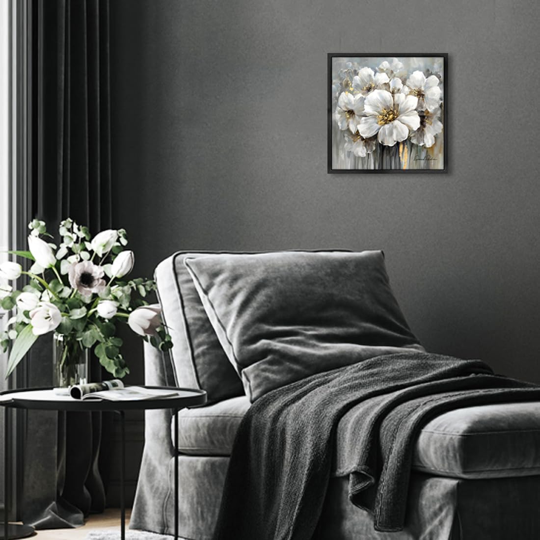 Framed Flowers Canvas Wall Art, 13.5W x 13.5H inch, White Floral and Black Frame