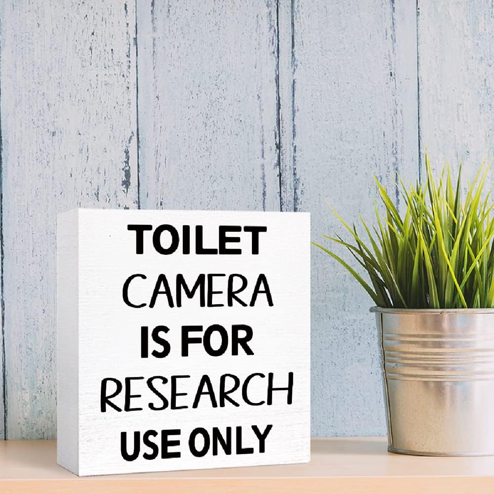 Funny Bathroom Wood Block Sign Toilet Camera is for Research Use Only Wooden Box Sign for Bathroom Shelf Toilet Restroom Tabletop Decor