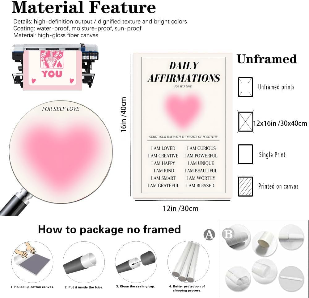 Hwetui Preppy Pink Aura posters Daily Affirmations Wall Art Trendy Y2K Canvas Prints Cute Lucky You Painting Retro Aesthetic Room Decor Picture for College Dorm Bedroom 12x16Inch Set of 4 Unframed