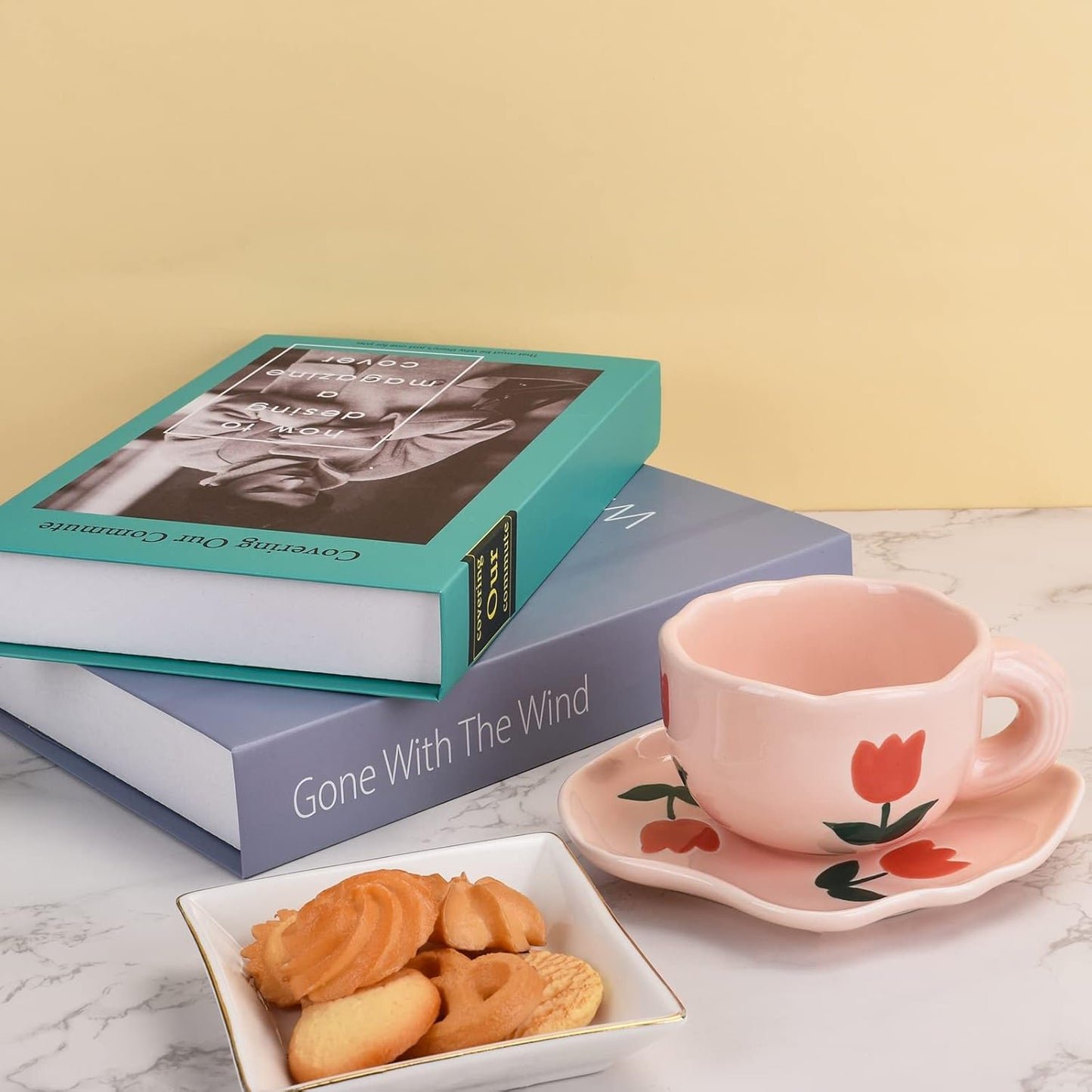 Koythin Ceramic Coffee Mug with Saucer Set, Cute Creative Cup Unique Irregular Saucer Design for Office and Home, Dishwasher and Microwave Safe, 6 oz/180 ml for Latte Tea Milk (Pink Tulips)