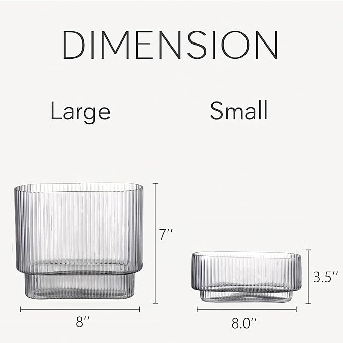 Short Glass Vases, Set of 2 Black Glass Vases for Tulips, Ribbed Vase for Flowers, Modern Small Vase for Living Room, Dining Room, Bathroom, Desk, Shelf, Wedding, Office