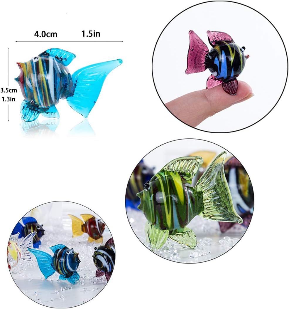 HDCRYSTALGIFTS Miniature Hand Blown Tropical Fish Figurine Art Glass Sea Animals Collection,Set of 6