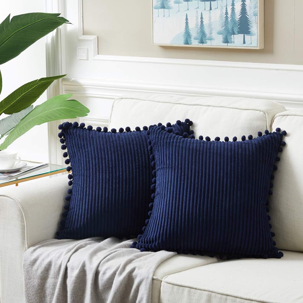 Fancy Homi Set of 2 Navy Blue Decorative Throw Pillow Covers 14x14 Inch with Pom-poms for Couch Bed Sofa, Modern Farmhouse Boho Home Decor, Soft Plush Corduroy Cute Cushion Case 35x35 cm
