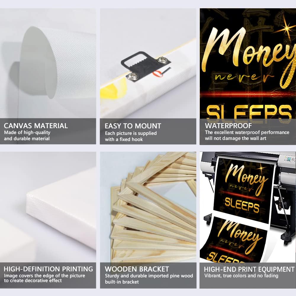 Large Size Money Never Sleeps Motivational Framed Wall Art Canvas Paintings Black and White Golden Artwork Stretched and Framed Easy to Hang-28x44 inch