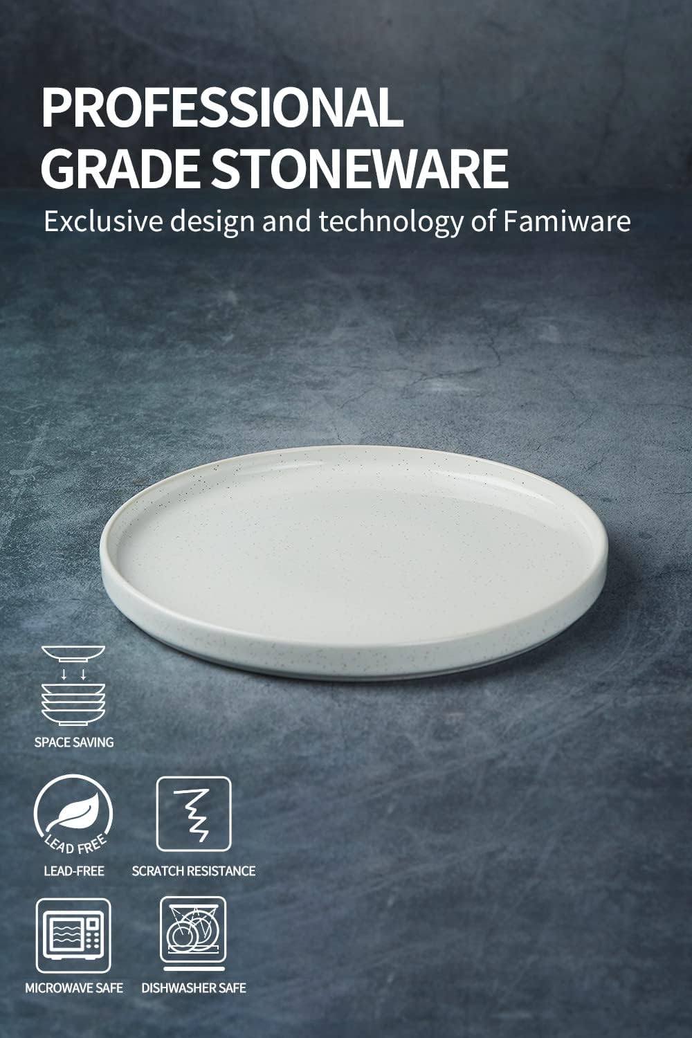 famiware Nebula 6 Pieces Salad Plates Set, 8 inch Dessert Plates, Scratch Resistant, Stoneware Dinnerware, Kitchen Modern Rustic Serving Dishes, White with Speckled