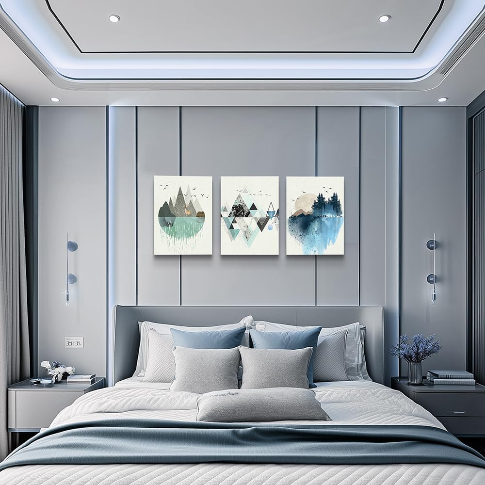 MHARTK66 Canvas Wall Art - Abstract Geometry Mountain Wall Artworks, 3 Panels, 12x16 inch, 3 Piece Set for Living Room, Office, Bedroom, Bathroom Home Decoration