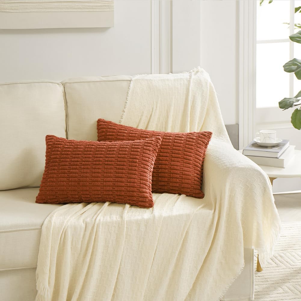 Fancy Homi 4 Packs Boho Burnt Orange Fall Decorative Throw Pillow Covers 12x24 Inch for Couch Bed Sofa, Rustic Modern Farmhouse Home Decor, Soft Plush Corduroy Cute Square Cushion Case 30x60 cm