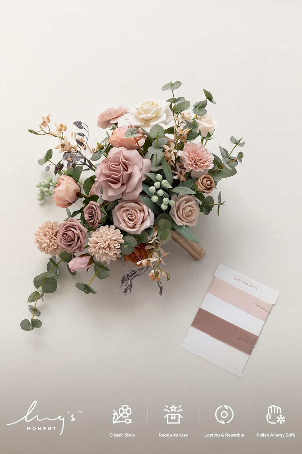 Ling's Moment Dusty Rose Wedding Bouquets for Bride, Pink Bridal Bouquets for Bride, 13 Inch Free Form Artificial Wedding Flower Bouquet