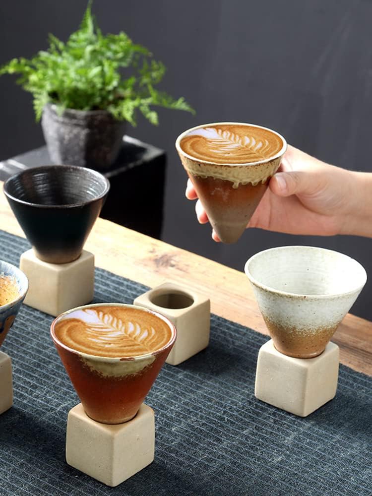 Japanese Coarse Pottery Mug, Triangular Cone Porcelain Cup with Square Base for Espresso Office and Outdoor Picnic Coffee Mugs Style Ceramic Tea Cups Shape Retro Heat Resistant (Type 3)