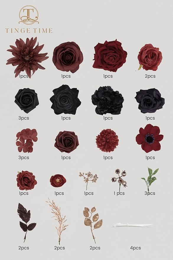 TINGE TIME Fake Flowers Artificial Flowers Peonies Bulbous Chrysanthemum Daisy Hydrangea Sunflower Violets Dahlia Daffodils Epiphyllum Orchid Cherry Blossom Camellia Leyaron (Gothic Black and Red)