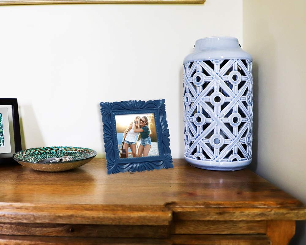 Isaac Jacobs 4x4 Navy Wave Textured Hand-Crafted Resin Picture Frame with Easel & Hook for Tabletop & Wall Display, Decorative Swirl Design Home Décor, Photo Gallery, Art, More (4x4, Navy)