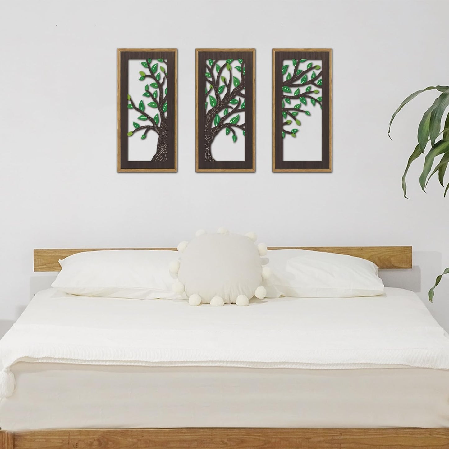 KAIRNE Wooden Tree Branch Framed Wall Art(Set of 3, 16”x8”),Abstract Tree of Life Hollow Artwork Decor,Rustic Birch Green Leaves Wood Decor,Modern Tree Farmhouse Decor for Living Room Bedroom Kitchen