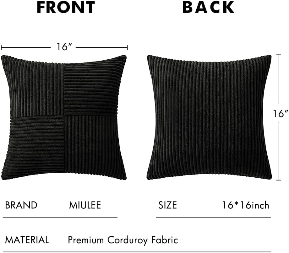 MIULEE Black Corduroy Pillow Covers Pack of 2 Boho Decorative Spliced Throw Pillow Covers Soft Solid Couch Pillowcases Cross Patchwork Textured Cushion Covers for Living Room Bed Sofa 16x16 inch
