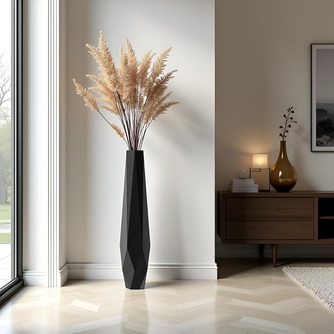 Tall Vases - 27.5" Tall Floor Vase for Home Decor, Resin Floor Vase with Handmade Dimensional Geometric Style, Fits Into Hay/Pampas Grass, Boho Living Room Decor (Black)