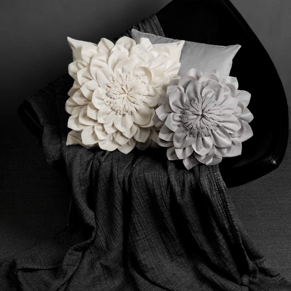 Decorative Throw Pillow 3D Flower Round Pillow Accent Handmade Cushion with Insert for Couch Bed Home Decor 14 inch Grey