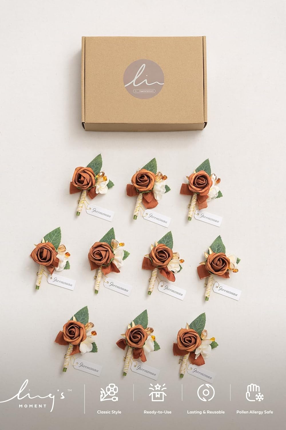 Ling's Moment Boutonniere for Men, 10pcs Groomsmen Guest Boutonniere, Artificial Flowers for Wedding Décor/Prom/Homecoming,etc.Fall Terracotta Orange