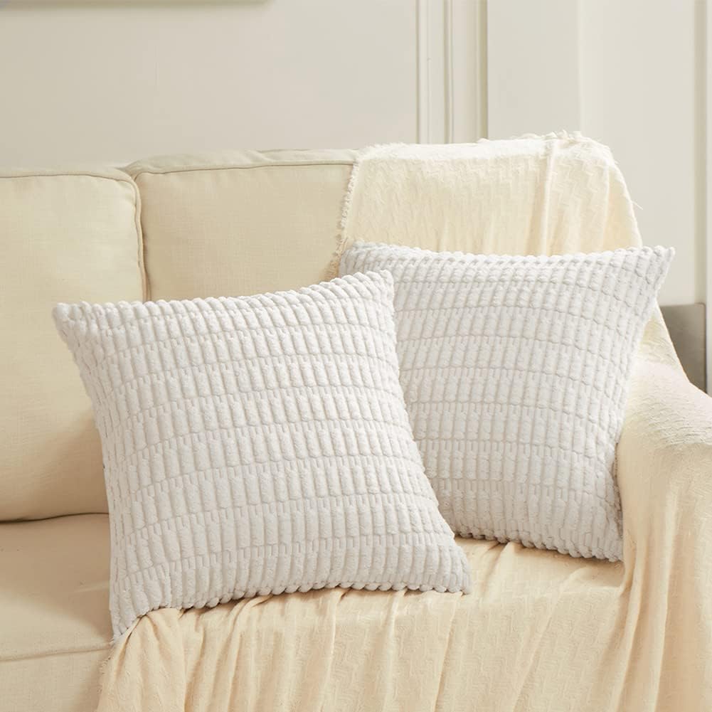 Fancy Homi 4 Packs Pure White Decorative Throw Pillow Covers 18x18 Inch for Living Room Couch Bed, Rustic Modern Farmhouse Boho Home Decor, Soft Plush Corduroy Cute Accent Square Cushion Case 45x45 cm