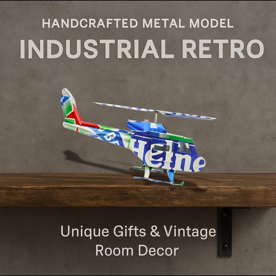 DYI Handcrafted Helicopter Model Made from Recycled Beer Cans — Small — Unique Gift for Beer Lovers, Dad, or Collectors — Eco-Friendly Bar Décor (Blue-Heniken)
