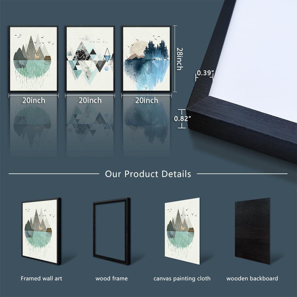 Black Framed Abstract Wall Art - Set of 3 Piece Framed Art Prints - 20"X28" - Modern Home Decor for Living Room, Bedroom, Office