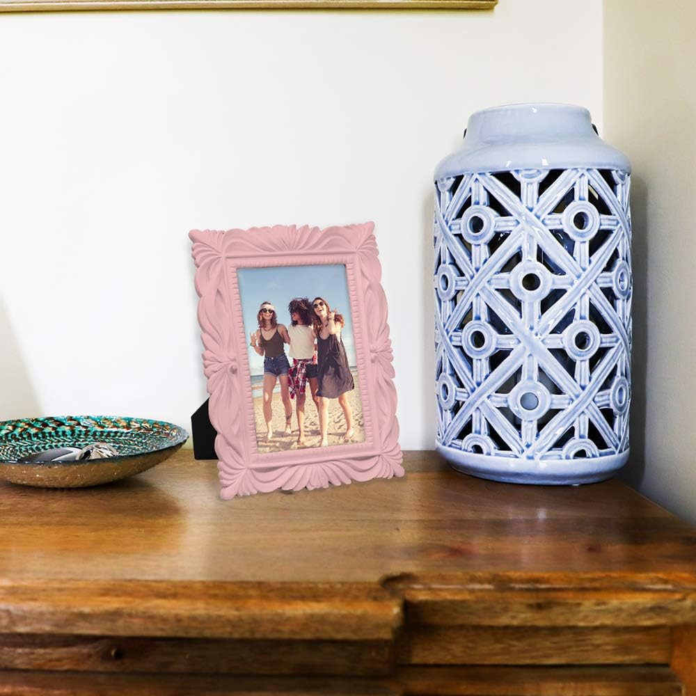 Isaac Jacobs 4x6 Pink Wave Textured Hand-Crafted Resin Picture Frame with Easel & Hook for Tabletop & Wall Display, Decorative Swirl Design Home Décor, Photo Gallery, Art, More (4x6, Pink)