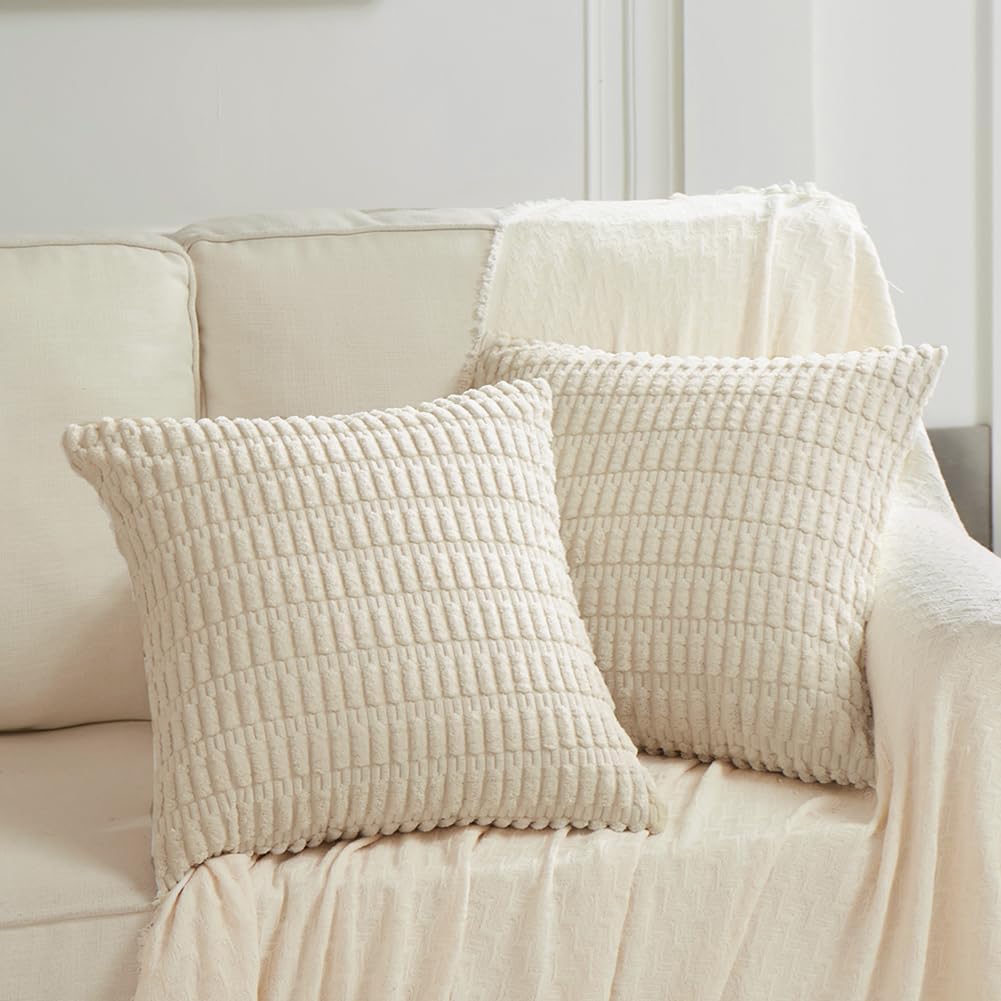 Fancy Homi 4 Packs Boho Cream Decorative Throw Pillow Covers 20x20 Inch for Living Room Couch Bed Sofa, Rustic Modern Farmhouse Home Decor, Soft Plush Corduroy Square Beige Cute Cushion Case 50x50 cm