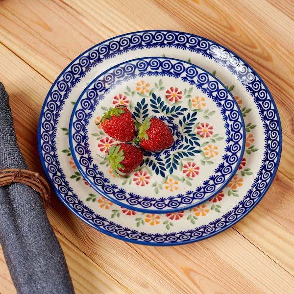 Blue Rose Polish Pottery - Orange Garden Bouquet Dessert Plate - 7" Diameter - Beautiful Plate for Cake, Appetizers, or Snacks