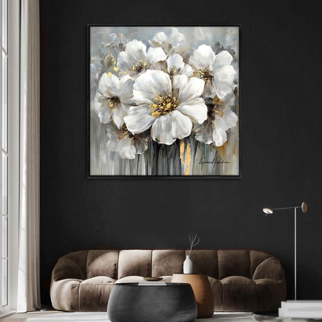 Living Room Flowers Wall Art White and Gray Floral Pictures with Gold on Canvas for Home Decor Framed 36" x 36", Solid Wood Framed