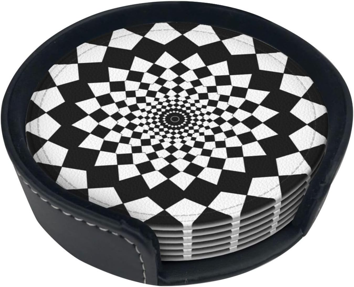 Drink Coasters with Holder Stand Set of 6, Mandala Chessboard Pu Leather Absorbent Coasters with Cork Base Table Round Coaster for Housewarming Apartment Kitchen Bar Decor