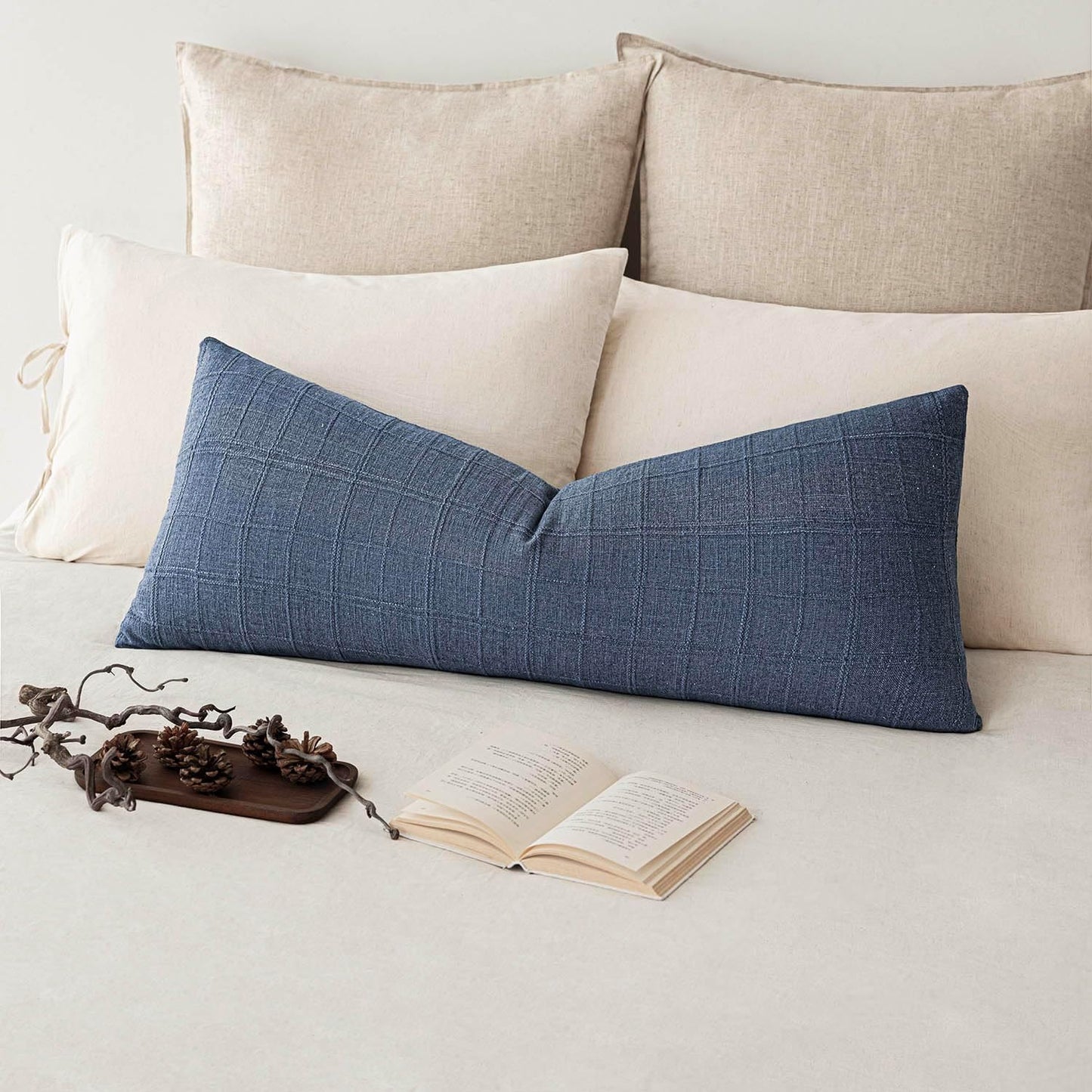 Foindtower Set of 2 Decorative Linen Check Throw Pillow Covers Neutral Long Body Lumbar Cushion Covers Farmhouse Vintage Home Decor for Sofa Chair Couch Bedroom Living Room,14×36 Inch,Blue