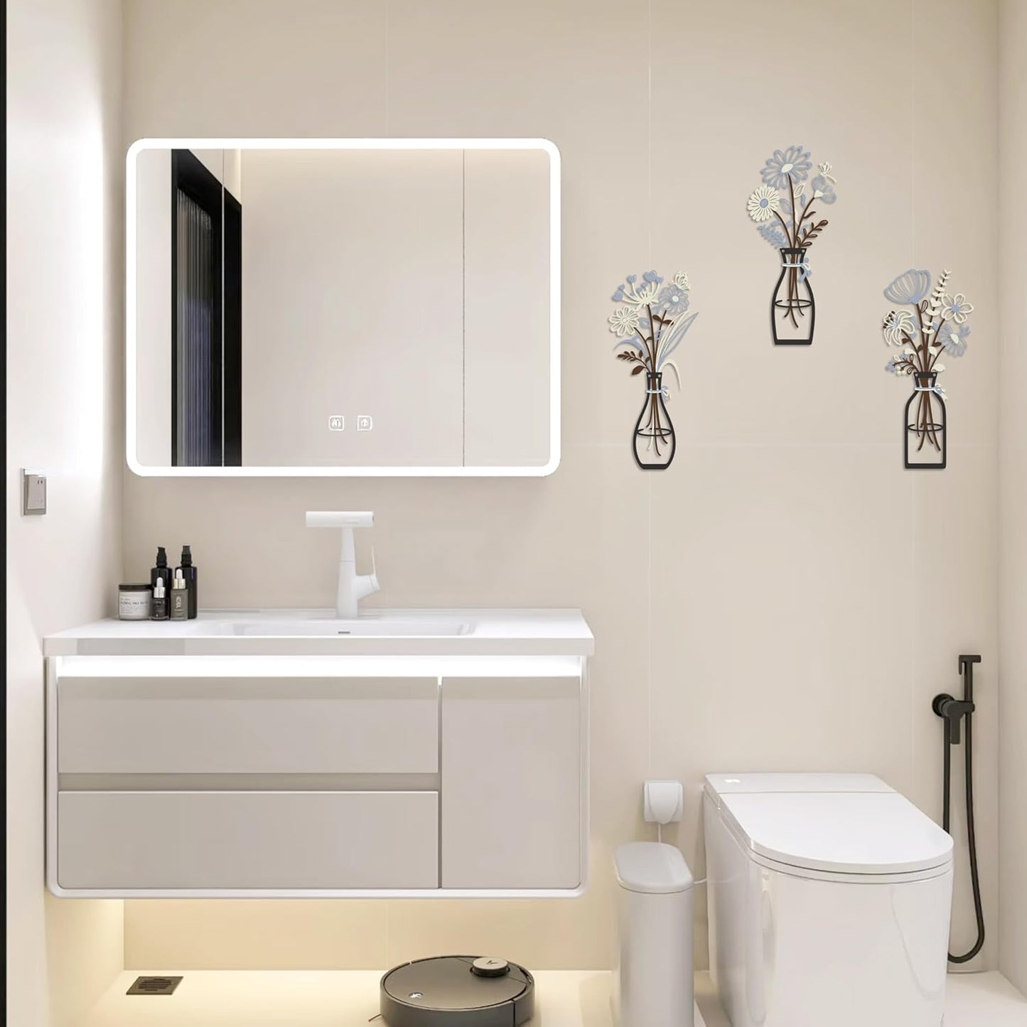 Iron Metal Vase Flower Wall Art Minimalist Black Floral Decor for Living Room Bedroom Kitchen, Office Garden - Modern Farmhouse Home Decor & Housewarming Gifts (Beige-Blue No Text)