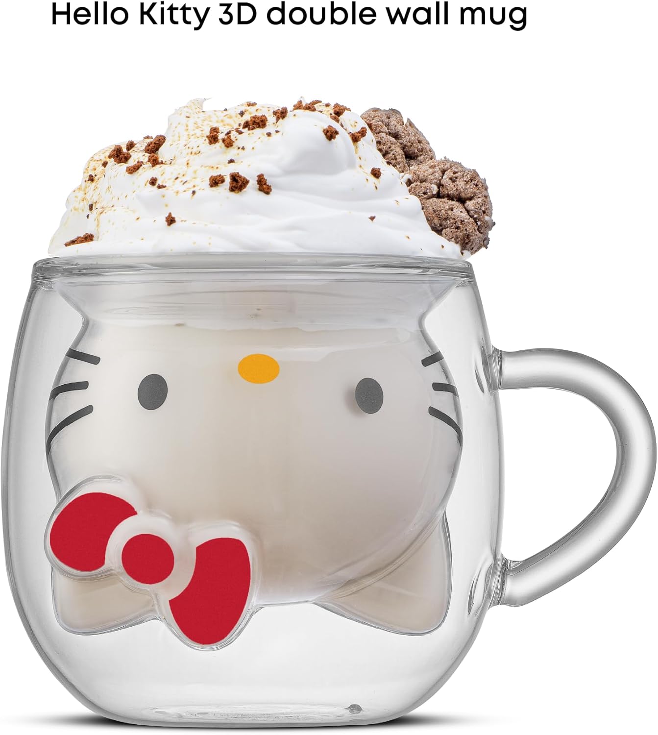 JoyJolt Hello Kitty 3D Coffee Mug, 13.5 oz Double Wall Glass Cup with 3D Design, Insulated Cute Mug for Tea, Latte, or Iced Coffee, Kawaii Sanrio Cup, Hello Kitty Kitchen Stuff